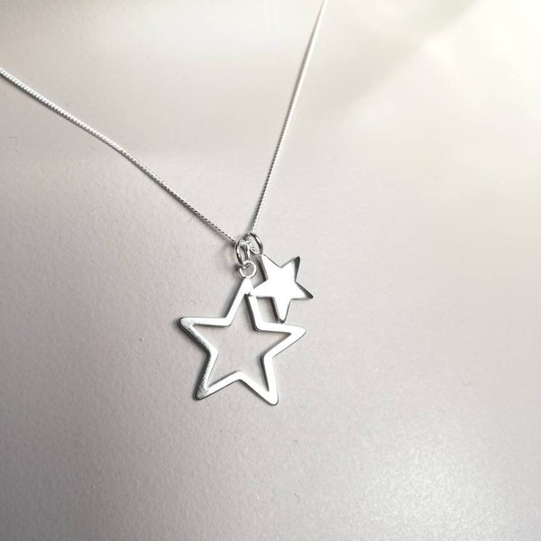 Star necklace silver, 925 Sterling silver, double star pendant, Two star necklace for women, handmade in the UK