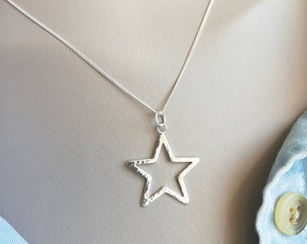 Star necklace silver, hammered star pendant, Sterling silver, open star pendant, necklace for women, fine jewellery Handmade in the UK