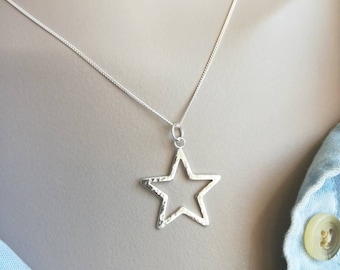 Star necklace silver, hammered star pendant, Sterling silver, open star pendant, necklace for women, fine jewellery Handmade in the UK