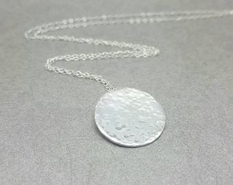 Hammered moon Necklace: Sterling silver full moon Pendant, handmade in the UK