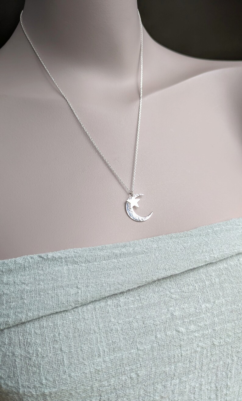 Hammered Moon & Star Necklace, Sterling Silver Crescent Moon Pendant ...
