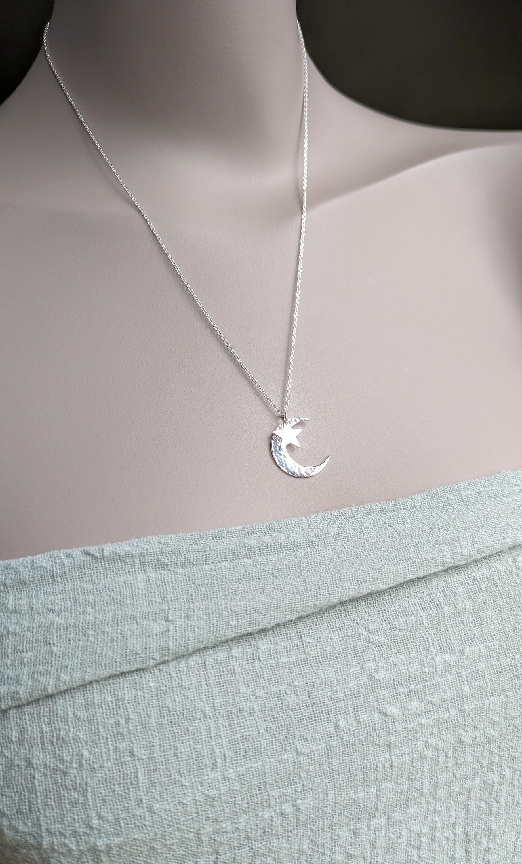 Hammered moon &  star necklace, Sterling silver crescent moon necklace, moon jewellery, Gift for wife, Large Moon necklace for women