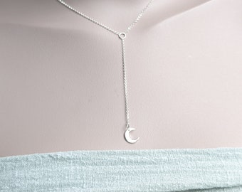 Sterling silver moon pendant, Silver lariat necklace, long drop small moon necklace, modern Y pendant,  handmade in the UK