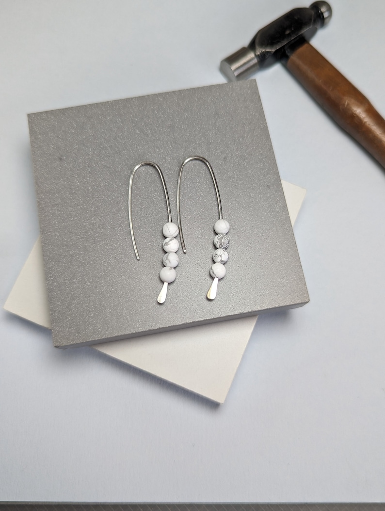 Long sterling silver drop earrings, dangle and drop Recycled Eco Silver, white stone earrings, handmade in UK image 2
