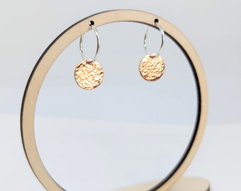 Hammered coin hoops, copper coin earrings hammered, 925 Sterling silver dangle earrings,  silver coin hoops, Karmasilver handmade in UK