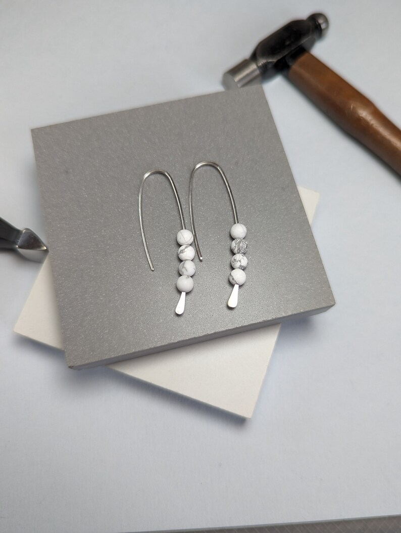 Long sterling silver drop earrings, dangle and drop Recycled Eco Silver, white stone earrings, handmade in UK image 6