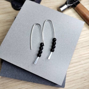 Long silver and Black onyx earrings, 925 sterling silver long drop, Long silver earrings, dangle drop Recycled Eco Silver, handmade in UK