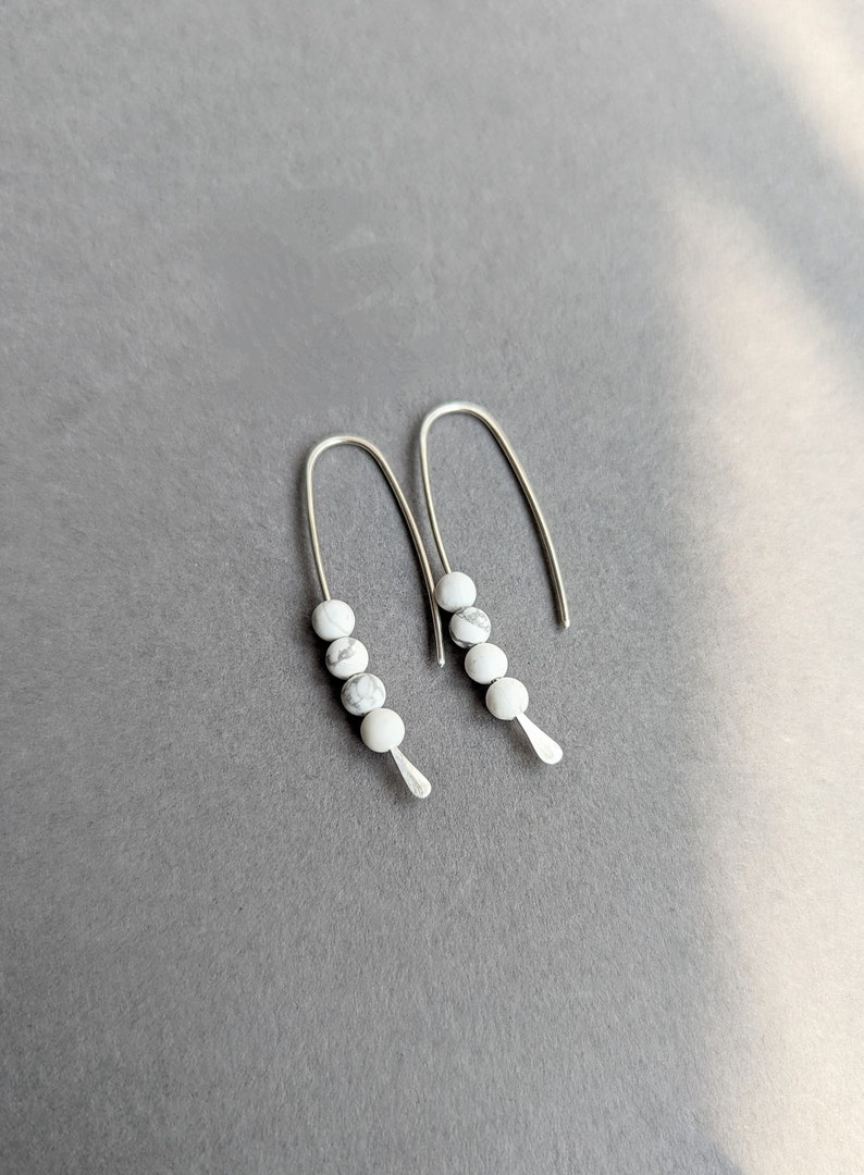 Long sterling silver drop earrings, dangle and drop Recycled Eco Silver, white stone earrings, handmade in UK image 3