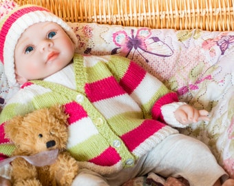 Supersoft Baby Cardigan + Matching Bobble Hat, Handknitted In Soft Acrylic DK Yarn. Pink, Pale Green & White stripes, First / Newborn Size