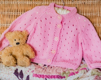 Pretty Pink Eyelet Pattern Round Neck Baby Cardigan. Handknitted In Soft Acrylic DK Yarn. 9 Month Size 20" Chest