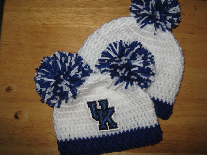 University of Kentucky Blue and White with UK embroidered logo and 1 large pom pom Crochet Beanie Baby Hat Embroidered Logo