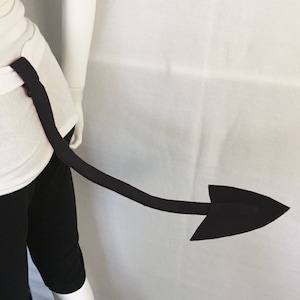 May include: A black devil tail costume accessory with a pointed tip. The tail is made of fabric and has a strap to attach it to a belt or waistband.