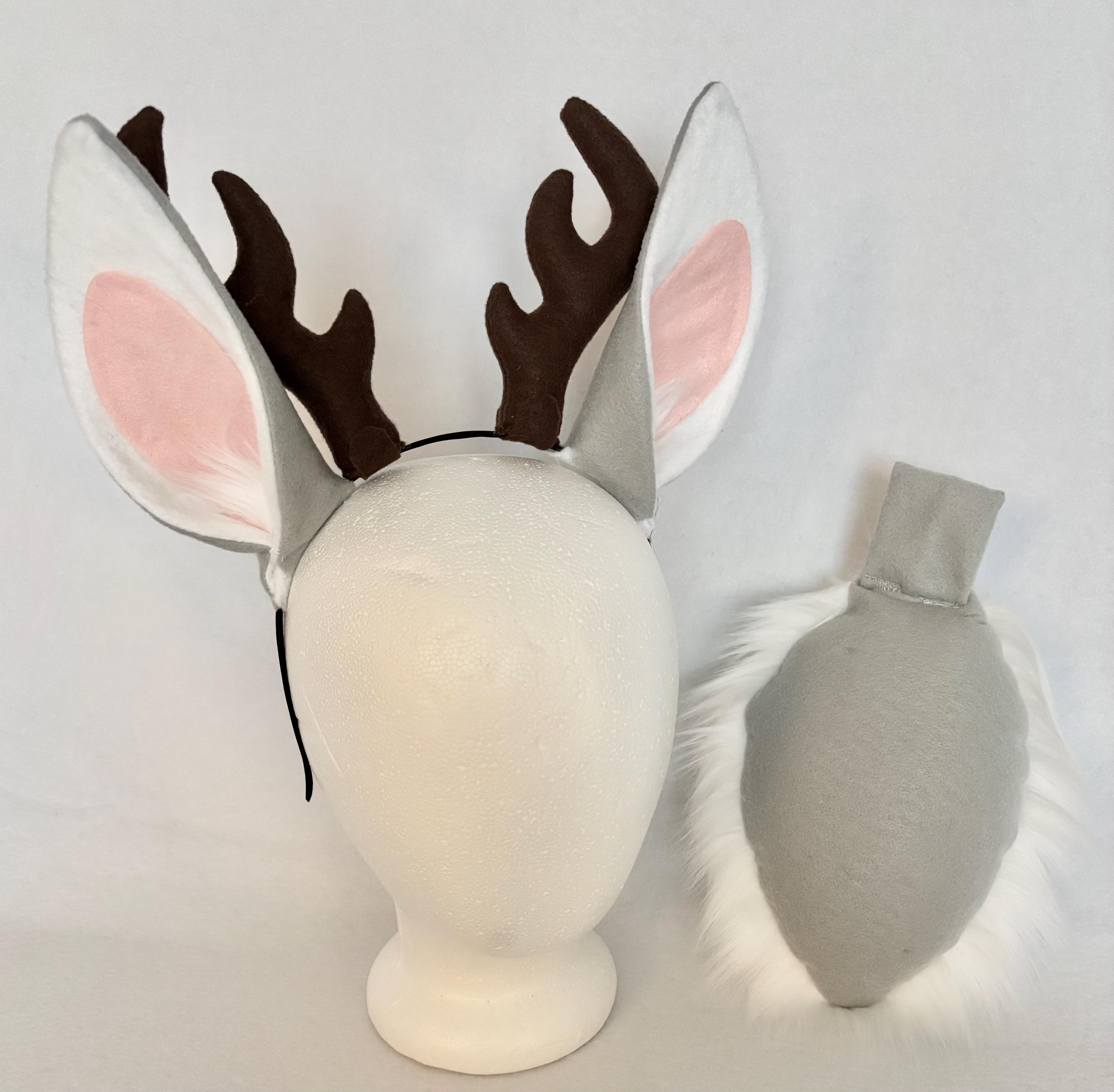 Jackalope ears and tail costume set jackalope ears and tail grey bunny grey rabbit ears nub tail bunny cotton tail rabbit ears with antlers