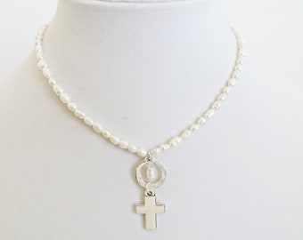 Southwestern Cross Necklace Rustic Cross Necklace Pearl Cross Necklace Cross Choker Pearl Choker Freshwater Pearl Necklace Greek Cross