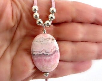 Pink Rhodochrosite Pendant Necklace, Sterling Silver Wire Wrapped