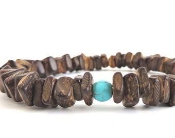 Wood & Turquoise Howlite Bead Bracelet, Unisex Tribal Style