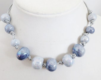 Chunky Blue Ceramic Bead Statement Necklace, Recycled Leather Cord