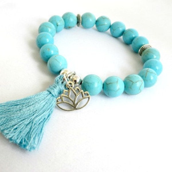 Turquoise Bracelet Tassel Bracelet Lotus Bracelet Turquoise Yoga Bracelet Boho Bracelet Mala Bracelet Stretch Bracelet Tassle Bracelet