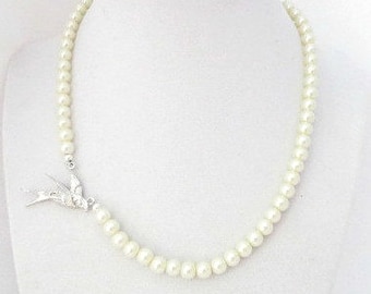 Silver Swallow Necklace Bird Necklace Wedding Necklace Bride Necklace Bridal Jewelry Pearl Necklace June Birthday Christmas Gift