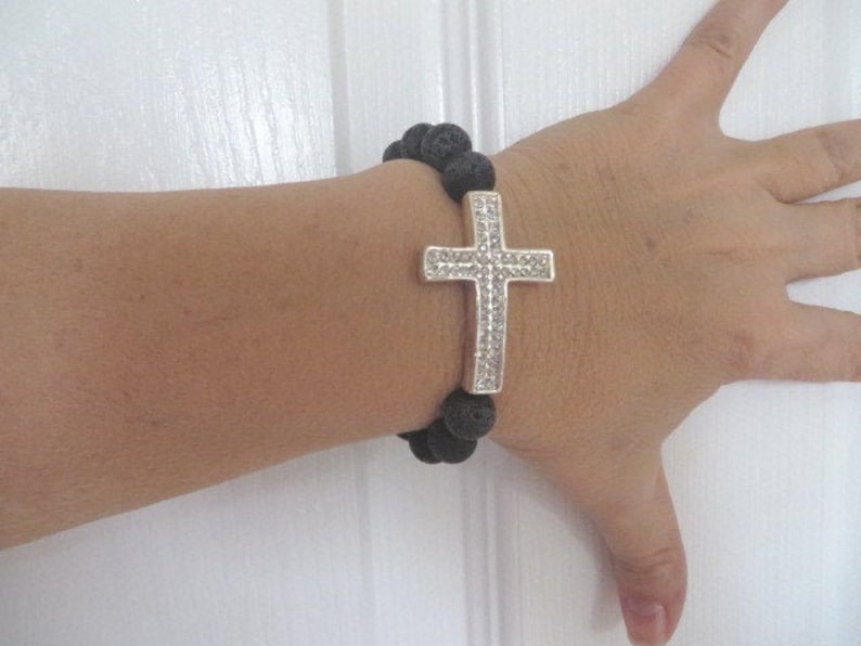 Sideways Cross Bracelet Crystal Cross Bracelet Black Stretch Etsy
