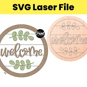 SVG Laser File Welcome Farmhouse Shiplap Neutral Greenery Round Circle Door Hanger Template