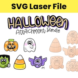 May include: A set of 10 Halloween SVG laser cut files for crafting. The designs include a ghost, a bat, a pumpkin, a candy corn, a Frankenstein, a witch, and a vampire.