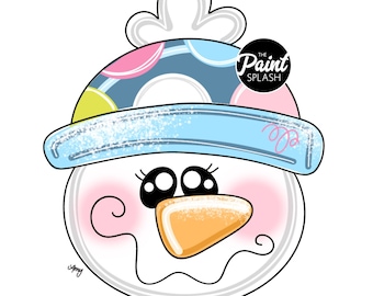 May include: A snowman face with a blue and white hat with pink, yellow, and blue polka dots. The snowman has a blue and white scarf, black eyes, a pink nose, and a pink blush on its cheeks. The text "The Paint Splash" is in a black circle on the hat.