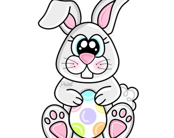 May include: A cartoon bunny rabbit with big eyes and pink ears is holding a colorful Easter egg. The bunny is sitting on its hind legs with its paws visible. The bunny is white with a pink nose and mouth.