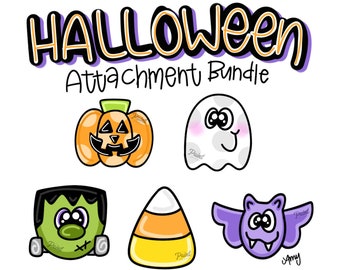 Puede incluir: Paquete de accesorios de Halloween con cinco personajes de dibujos animados lindos: una calabaza, un fantasma, un monstruo, un maíz dulce y un murciélago. Cada personaje está dibujado en un estilo simple y colorido y tiene una expresión amigable.