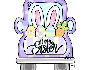 May include: Purple truck with bunny ears and Easter eggs in the bed. The truck has a white stripe pattern and the words "Happy Easter" are written on the back.