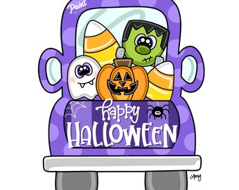 Op de afbeelding: Paarse pick-up truck met een spook, een pompoen, een monster en snoepmais in de laadbak. Op de achterkant van de truck staat "Happy Halloween".