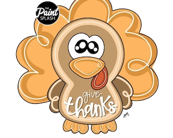 Puede incluir: Un recorte de pavo de dibujos animados con un cuerpo marrón, plumas naranjas y una carúncula roja. El texto "give thanks" está escrito en escritura blanca en el cuerpo del pavo. El logotipo de Paint Splash está en la esquina superior izquierda.