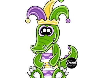 Op de afbeelding: Een groene alligator die een paarse en gele narrenmuts draagt met een gouden kroon. De alligator heeft grote ogen en een tandenrij. De alligator zit op zijn achterpoten met zijn staart achter zich opgerold. De tekst "The Paint Splash" is zichtbaar in de rechterbenedenhoek van de afbeelding.