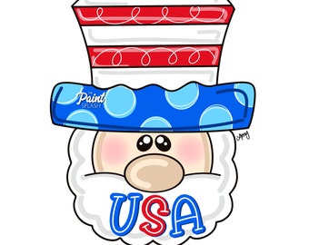May include: A cartoon illustration of Uncle Sam with a red, white, and blue hat, blue and white polka dot scarf, and a white beard. The words "USA" are written on his beard in red, white, and blue.