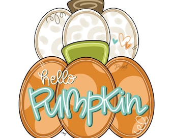May include: A hand-painted orange pumpkin with the text "hello pumpkin" in teal blue. The pumpkin has a brown stem and a white and brown patterned top.