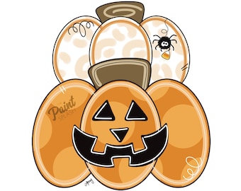 May include: A hand-painted pumpkin with a jack-o'-lantern face, surrounded by smaller pumpkins with white and brown spots. A small black spider sits on top of one of the smaller pumpkins. The text "Paint Splash" is written on the side of the pumpkin.