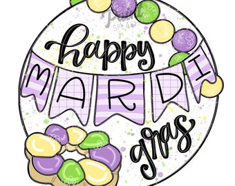 May include: A purple and green Mardi Gras themed illustration with the text "Happy Mardi Gras" in a black script font. The illustration features a purple, green, and yellow donut with a white background and a confetti pattern.
