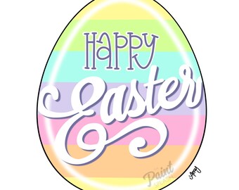 May include: A colorful Easter egg with the text "Happy Easter" in a white cursive font. The egg is decorated with pastel stripes in yellow, orange, pink, purple, blue, and green.