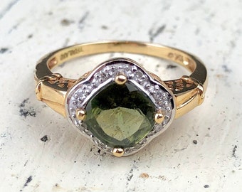 Vintage 10k Gold Ring with Natural Green Peridot and Diamond Halo. Gift for Her.