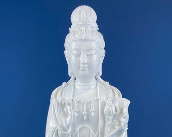White Buddha Figurine. Large Statuette of Samantabhadra on Elephant Holding Lotus & Seed. Perfect for Home Altar, Meditation, or Yoga Space.