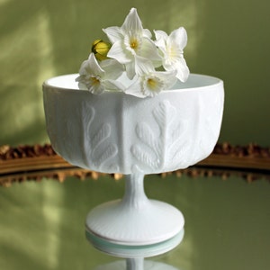 Milk Glass Compote.  Footed Bowl or Planter with Oak Leaf Design. Milk Glass Wedding or Collectible Dish.