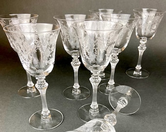 Antique Tiffin Franciscan Claret Wine Glasses, Cherokee Rose Pattern, Set of 8 Stemware.