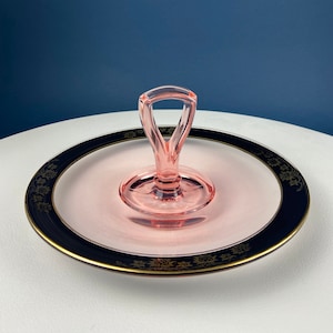 Antique Pink Glass Serving Plate with Center Handle & Black Rim. Delicate Gold Motif of Lotuses. Art Deco Cookies, Cupcakes, Sweets Platter.