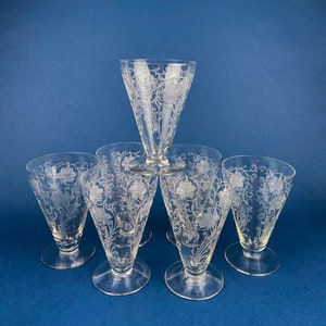 Fostoria Crystal Ice Tea Footed Tumblers. Etched Woodland Pattern. Vintage Fostoria Crystal Glasses. Set of 7 Stemware. Collectible Glass.