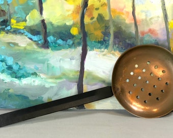 Vintage Copper Large Flat Slotted Ladle with Long Coated Stainless Steel Handle.