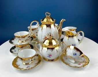 Gold Demitasse Tea Set. Prussian Hand painted Coffee/Tea Pot Sized for Two, with Matching Creamer, Sugar Bowl/Jar & 10 Cups and Saucers.