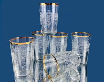 Vintage Etched Tumblers with Gold Rim. 5oz Collectible Juice Glasses. Set of 6. Dining Room Decor. Wedding Registry. Gift for Him Her.