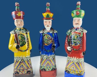 3 Ceramic Sculptures of Royal Advisors or Immortals. Collection of Large Figurines of Asian Men in Traditional Chinese Clothing. Home Decor.