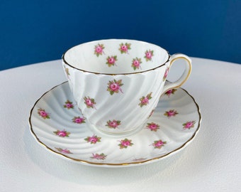 Tea or Coffee Cup and Saucer with Small Pink Roses. Aynsley Fine China. Dining Room Decor. Tea Party. French Country. Gift for Her.