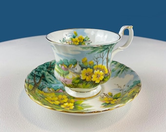 Royal Albert Primrose Hill Filiżanka i spodek, zabytkowy zestaw do herbaty z porcelany kostnej
